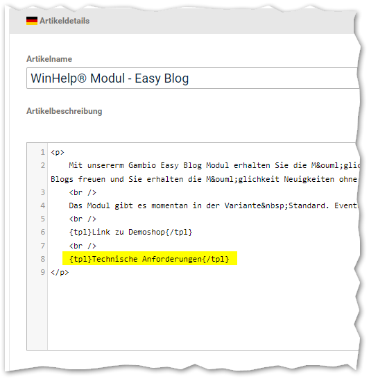 WinHelp Gambio Modul ShortCodes Einsatz unterArtikeleigenschaften